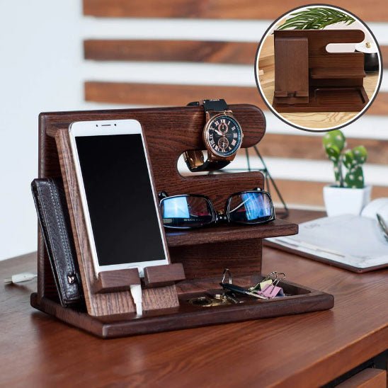 Organisateur de bureau en bois – Support pour téléphone, lunettes, clés & montre - Arts du rangement