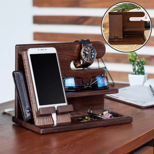 Organisateur de bureau en bois – Support pour téléphone, lunettes, clés & montre - Arts du rangement
