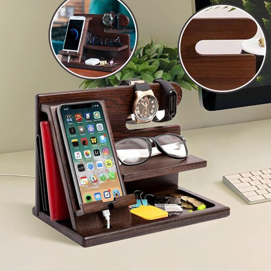 Organisateur de bureau en bois – Support pour téléphone, lunettes, clés & montre - Arts du rangement