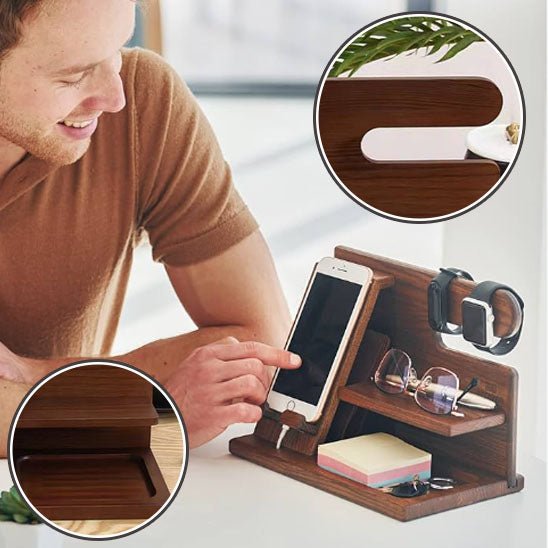 Organisateur de bureau en bois – Support pour téléphone, lunettes, clés & montre - Arts du rangement