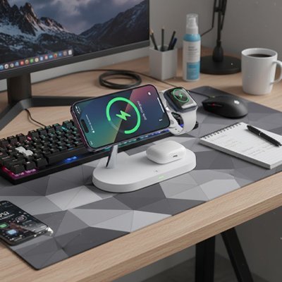 Station de charge en utilisation avec appareils Apple
 - Arts du rangement