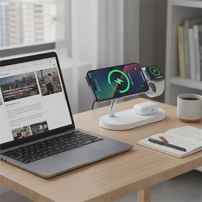 Vue latérale station de charge multifonction design compact
 - Arts du rangement